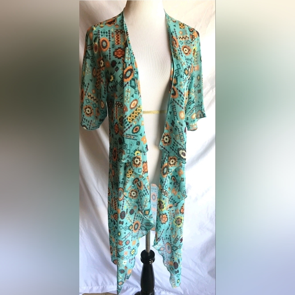 Lularoe Shirley Sheer Teal Multi-Colored Aztec Pattern SZ S UNICORN BeAuTiFuL
